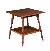 AN AESTHETIC MOVEMENT WALNUT TWO TIER OCCASIONAL TABLE, BY JAMES SHOOLBRED & CO., LATE 19TH CENTURY