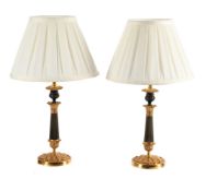 A PAIR OF BRONZE AND GILT CANDLESTICK LAMPS, MID 19TH CENTURY