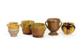 A GROUP OF FIVE GLAZED TERRACOTTA POTS, MODERN