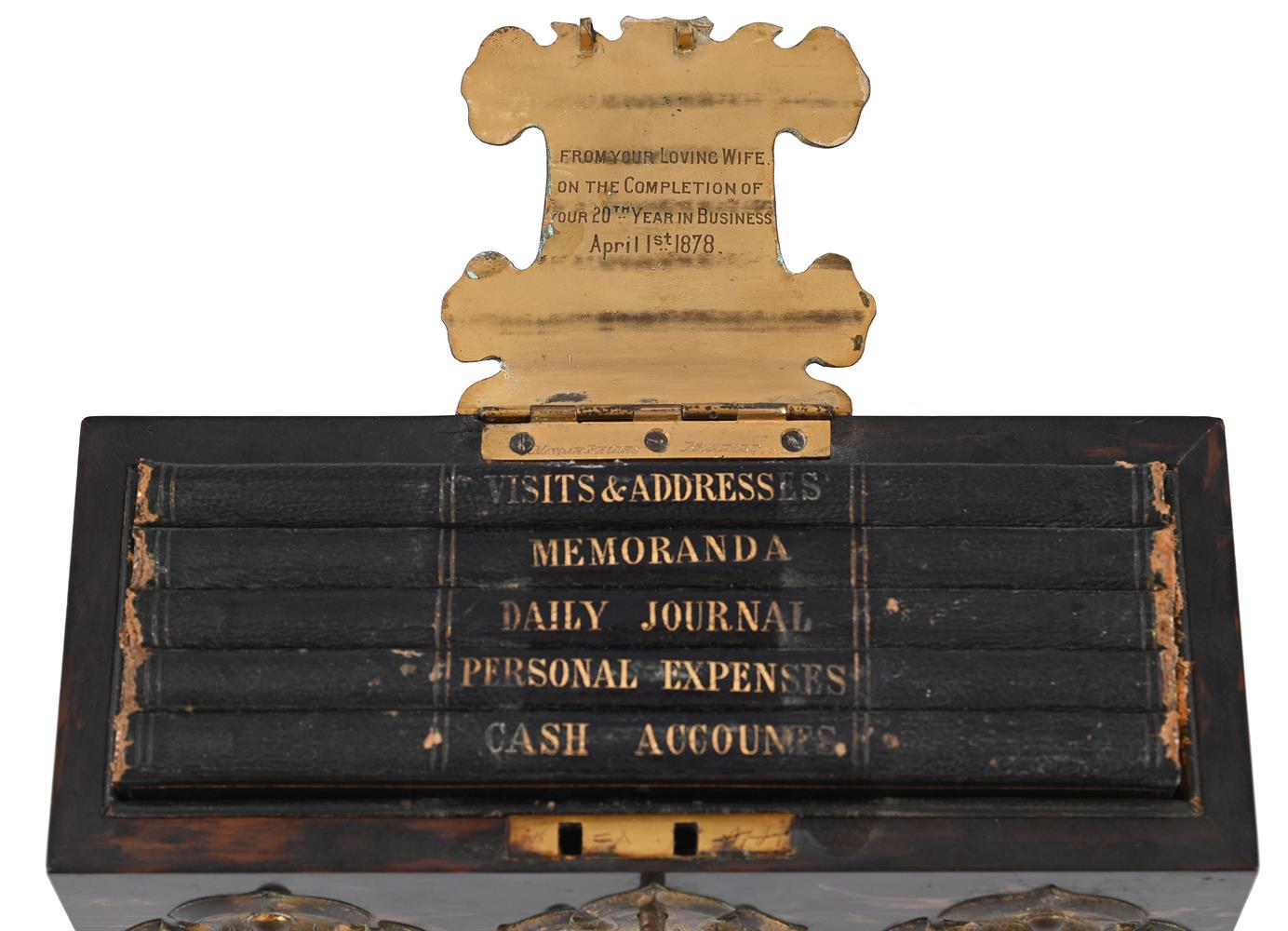 Y A VICTORIAN GILT METAL MOUNTED CALAMANDER DESK BOOK HOLDER, BY MANOAH RHODE, CIRCA 1878 - Image 3 of 3