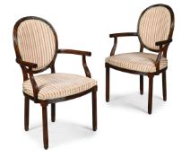 A PAIR OF BEECH AND UPHOLSTERED OPEN ARM CHAIRS, IN GEORGE III STYLE, 20TH CENTURY
