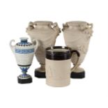 A PAIR OF TURNER STONEWARE URNS, CIRCA 1800
