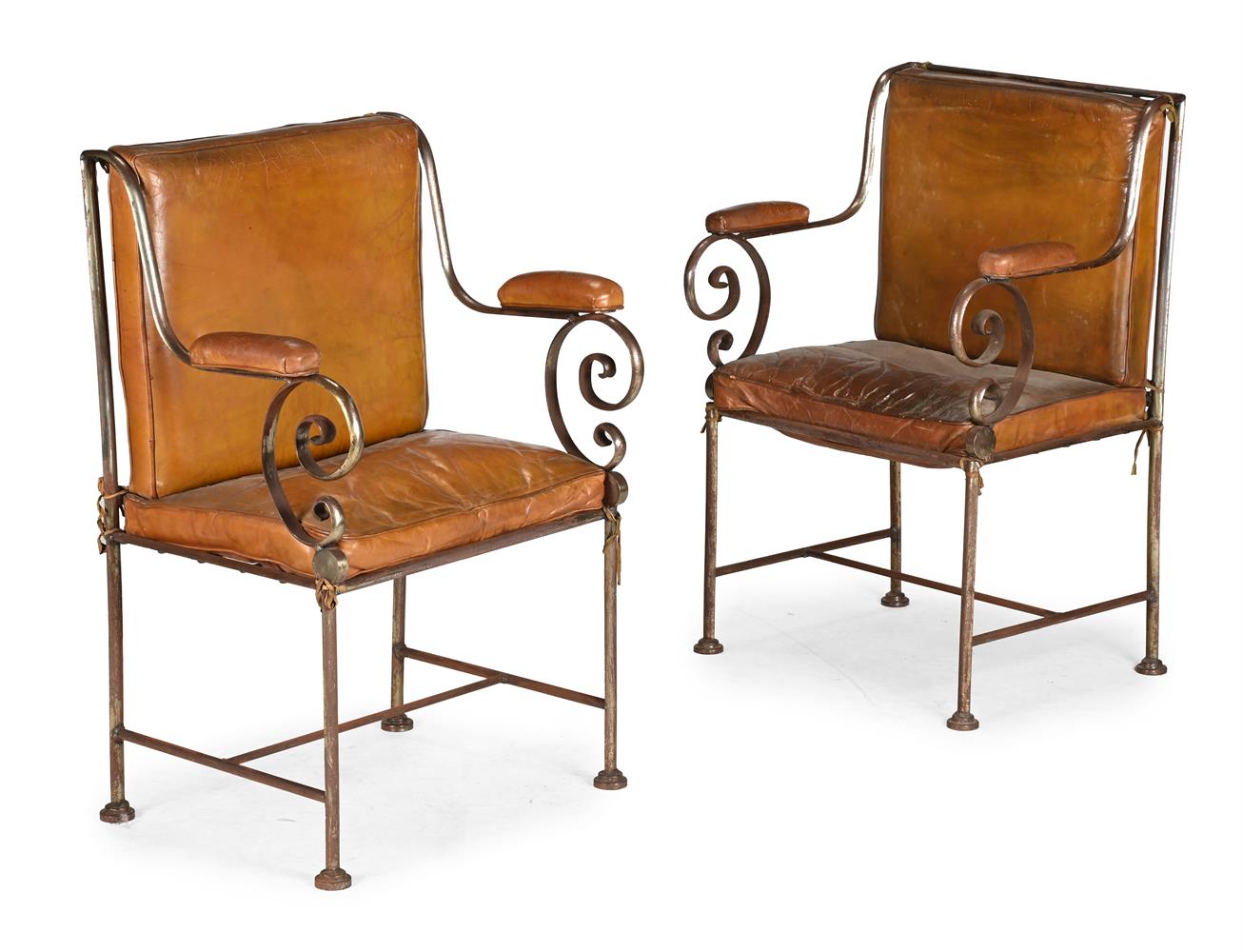 A PAIR OF CONTINENTAL STEEL AND LEATHER UPHOLSTERED ARMCHAIRS, PROBABLY ITALIAN, 20TH CENTURY
