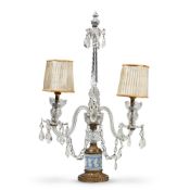 A CUT GLASS, PALE BLUE JASPER & GILT METAL TWIN BRANCH CANDELABRUM, LATE 19TH CENTURY