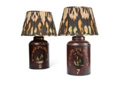 A PAIR OF TOLEWARE TEA CANISTER TABLE LAMPS, 19TH CENTURY AND LATER ADAPTED