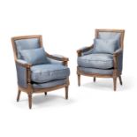 A PAIR OF CARVED BEECH AND SILK UPHOLSTERED FAUTEUIL, 19TH CENTURY