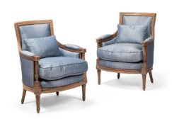 A PAIR OF CARVED BEECH AND SILK UPHOLSTERED FAUTEUIL, 19TH CENTURY