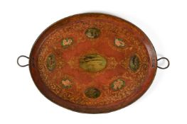 A RED PAINTED TINWARE OVAL TRAY, 19TH CENTURY