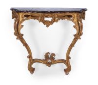 A CARVED GILTWOOD AND MARBLE TOPPED CONSOLE TABLE, IN LOUIS XVI STYLE, 20TH CENTURY