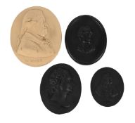 THREE WEDGWOOD & BENTLEY BLACK BASALT TITLED PORTRAITS PLAQUES, CIRCA 1769-80