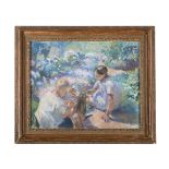 FOLLOWER OF JULES RENÉ HERVÉ, CHILDREN PLAYING WITH A KITTEN AMONGST A GARDEN OF FLOWERS