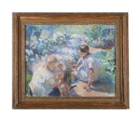 FOLLOWER OF JULES RENÉ HERVÉ, CHILDREN PLAYING WITH A KITTEN AMONGST A GARDEN OF FLOWERS