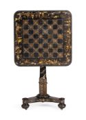 Y A BLACK LACQUER CHINOISERIE DECORATED AND MOTHER OF PEARL INLAID TRIPOD GAMES TABLE, 19TH CENTURY