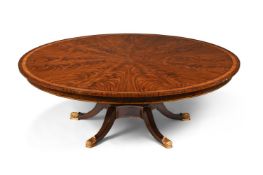 Y A FLAME MAHOGANY, EBONY AND BURR YEW CROSSBANDED CIRCULAR DINING TABLE, 20TH CENTURY