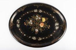 Y A VICTORIAN PAPIER-MACHE POLYCHROME PAINTED AND MOTHER OF PEARL INLAID OVAL TEA TRAY