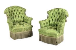 A PAIR OF EBONISED AND GREEN DAMASK UPHOLSTERED ARMCHAIRS, FRENCH, LATE 19TH CENTURY