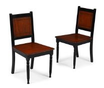 A PAIR OF AESTHETIC MOVEMENT MAHOGANY AND EBONISED HALL OR SIDE CHAIRS, CIRCA 1880