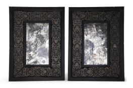 A LARGE PAIR OF OAK AND EMBROIDERED MIRRORS, IN LATE 17TH CENTURY STYLE, 20TH CENTURY