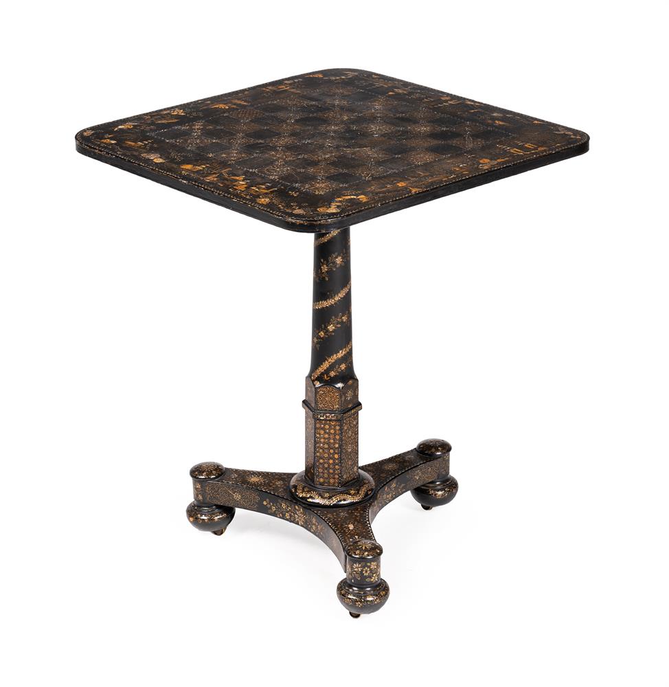 Y A BLACK LACQUER CHINOISERIE DECORATED AND MOTHER OF PEARL INLAID TRIPOD GAMES TABLE, 19TH CENTURY - Image 2 of 10
