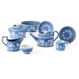 AN ADAMS BLUE AND WHITE JASPER OVAL TEAPOT AND COVER WITH SWAN FINIAL, CIRCA 1790