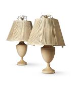 A PAIR OF CREAM PAINTED TOLEWARE BALUSTER TABLE LAMPS, SUPPLIED BY OLIVER MESSEL, 20TH CENTURY