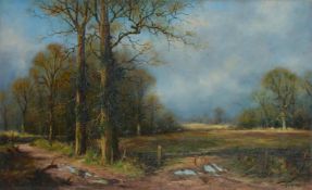 λ JOHN TRICKETT (BRITISH B. 1953), FOREST LANDSCAPE WITH A CHURCH BEYOND