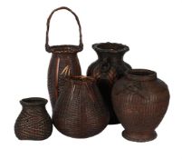 A GROUP OF FIVE JAPANESE WOVEN BAMBOO IKEBANA BASKETS