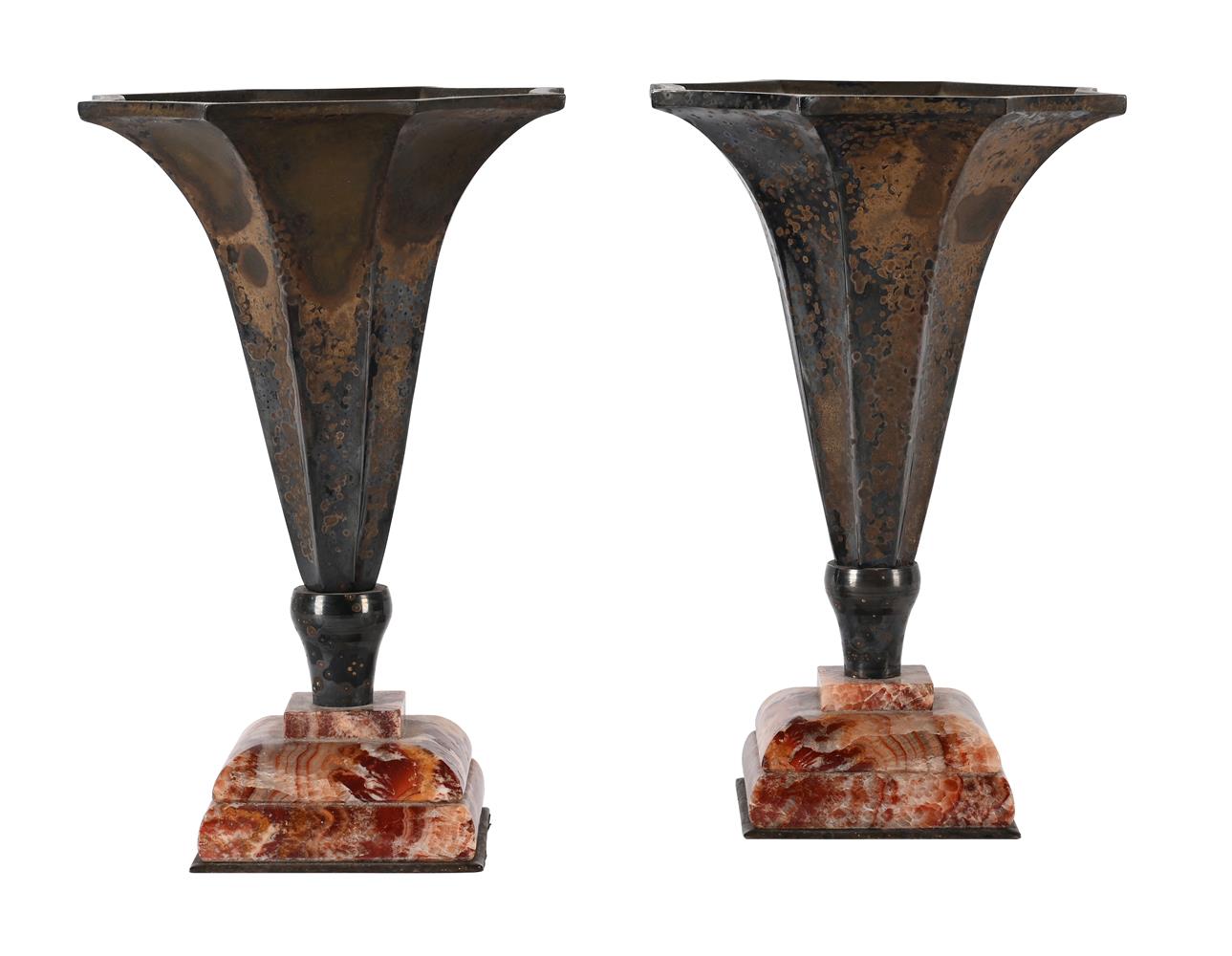 A PAIR OF SILVER PLATE AND VARIEGATED MARBLE TRUMPET VASES, EARLY 20TH CENTURY