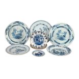 FIVE VARIOUS ENGLISH DELFT BLUE AND WHITE CHARGERS, THIRD QUARTER 18TH CENTURY