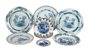 FIVE VARIOUS ENGLISH DELFT BLUE AND WHITE CHARGERS, THIRD QUARTER 18TH CENTURY