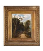FOLLOWER OF JOHN CONSTABLE, OPEN GATE ON A COUNTRY PATHWAY WITH WOODED LANDSCAPE BEYOND