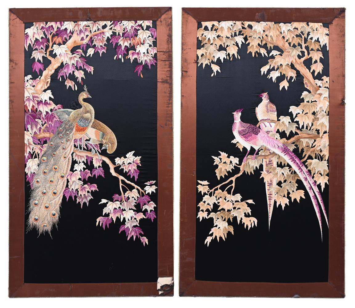 A PAIR OF JAPANESE EMBROIDERED SILK PANELS DEPICTING A PEACOCK AND BIRDS, 20TH CENTURY