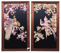 A PAIR OF JAPANESE EMBROIDERED SILK PANELS DEPICTING A PEACOCK AND BIRDS, 20TH CENTURY