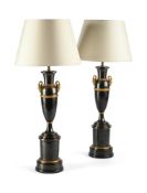 A PAIR OF LOUIS PHILIPPE BRONZE AND ORMOLOU MOUNTED BALUSTER LAMPS, FRENCH, CIRCA 1850