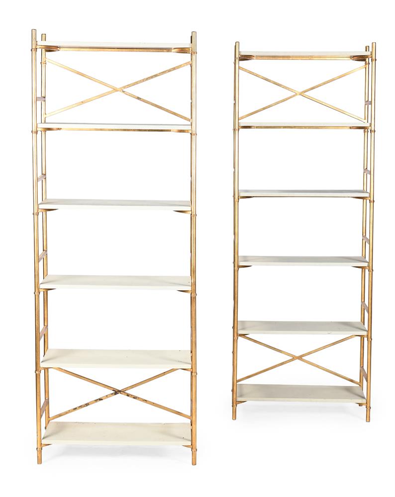 A PAIR OF FAUX SHAGREEN AND GOLD COLOURED METAL ETAGERES, OF RECENT MANUFACTURE