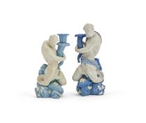 TWO WEDGWOOD BLUE JASPER FIGURAL CANDLESTICKS, LATE 18TH OR 19TH CENTURY