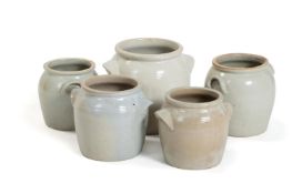 A GROUP OF FIVE CREAM GLAZED POTS, MODERN