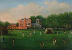 ENGLISH SCHOOL (19TH CENTURY), A CRICKET MATCH BEFORE A CHURCH AND A COUNTRY HOUSE