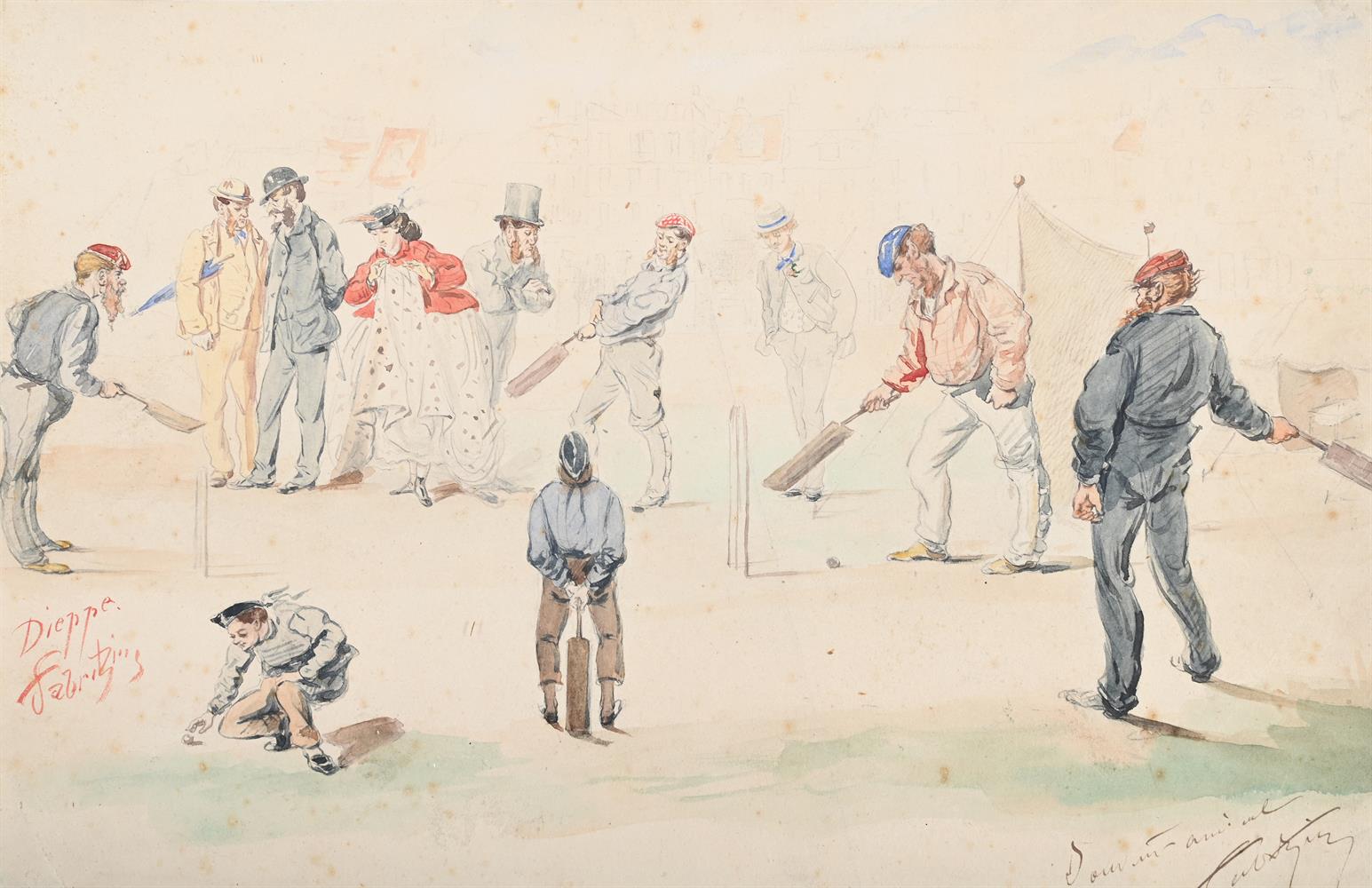 FABRITZING [?] (FRENCH 19TH CENTURY), A CRICKET MATCH IN THE TOWN SQUARE