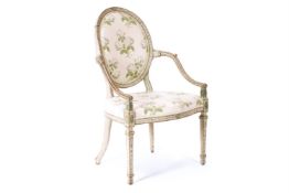 A GEORGE III GREEN AND CREAM PAINTED OPEN ARMCHAIR, LATE 18TH CENTURY
