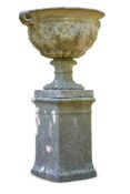 A RECONSTITUTED STONE GARDEN URN, 20TH CENTURY