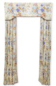 A PAIR OF CHINTZ COTTON CURTAINS AND MATCHING PELMET IN LE MANACH MORTEFONTAINE GRIS FABRIC