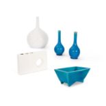 TWO BLUE GLAZED VASES AND A TURQUOISE GLAZED TROUGH, 20TH CENTURY