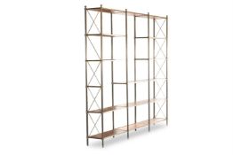 A BRASS AND WALNUT OPEN BOOKCASE MODERN; IN THE MANNER OF BILLY BALDWIN