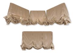 A SET OF THREE BOW TIED RUCHED TWO-TONE FOX LINTON SATIN CURTAINS, BY VEERE GRENNEY