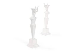 ORIEL HARWOOD (B. 1961), A PAIR OF MOULDED FIGURAL CANDLESTICKS