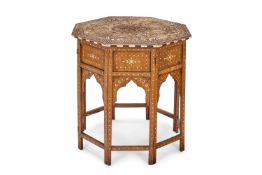 Y A HOSHIARPUR BONE, IVORY AND EBONY INLAID HARDWOOD OCTAGONAL TABLE, INDIAN
