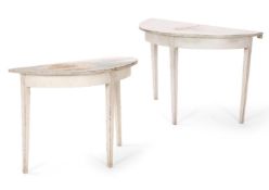 A PAIR OF GEORGE III LATER GREY PAINTED D-SHAPED SIDE TABLES, LATE 18TH/EARLY 19TH CENTURY