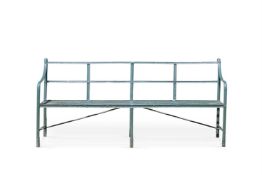 A GREEN PAINTED WROUGHT IRON GARDEN BENCH OF REGENCY DESIGN, 19TH/ 20TH CENTURY