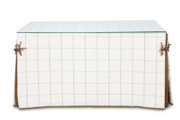 A FABRIC COVERED WHITE PAINTED TABLE, MODERN